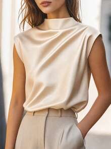 Women's Elegant Solid Satin Blouse, Suitable For Dates And Office Wear Summer - Champagne - View 3