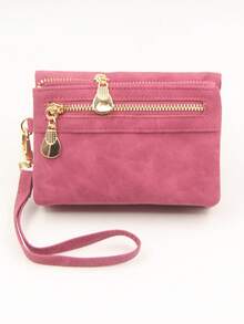 Rose Red One Shoulder Short Dual Zipper Wallet, Retro High-Quality Matte PU Leather Wristlet Pouch, Small Square Bag, Foldable & Expandable, College Style Multi-Card Compact Ticket Holder, Party Gift - Hot Pink - View 9