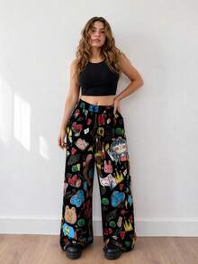 Plus Size Women's Cartoon Print Wide Leg Pantssweatpant,Loose Casual Trousers Vacation Fall - Black - View 6