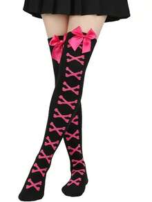 Halloween Bow & Crossbones Pattern Over-The-Knee Socks, Sweet Halloween Cosplay Costume Socks - Black - View 1