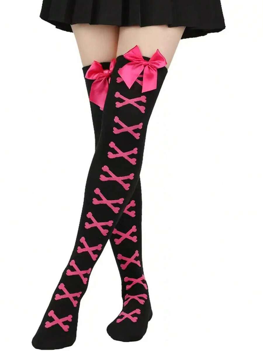 Halloween Bow & Crossbones Pattern Over-The-Knee Socks, Sweet Halloween Cosplay Costume Socks - Black - View 1