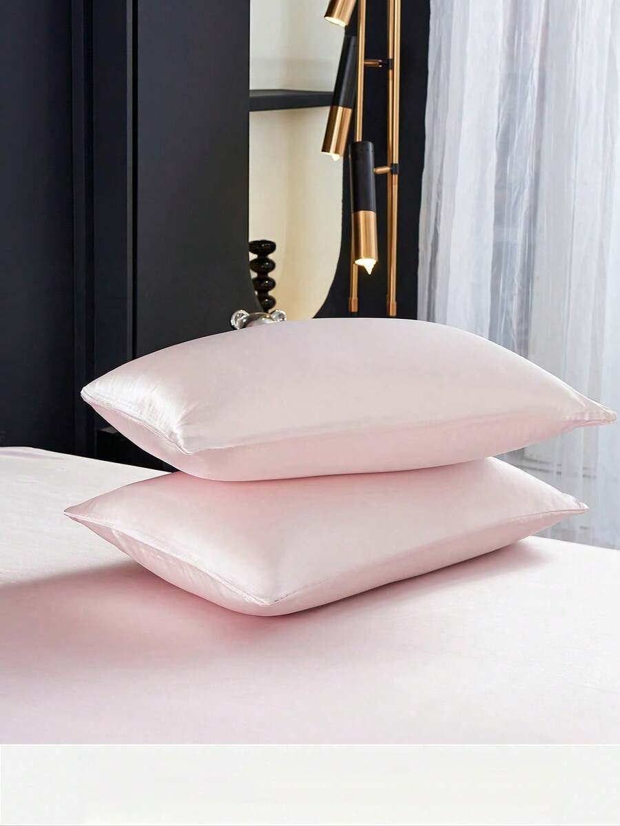 2pcs Pink Satin Envelope Pillowcase Set, Premium Silky Satin, Soft And Breathable, Wrinkle-Resistant, Gentle On Hair And Skin, Pillowcase Without Filling, Silky, Super Soft And Breathable, Machine Washable. Envelope Closure, Cool And Comfortable, Super Soft Pillowcase, Suitable For Standard Double, Queen And Single Beds. Dorm Bedding Back To School Season - Pink - View 1