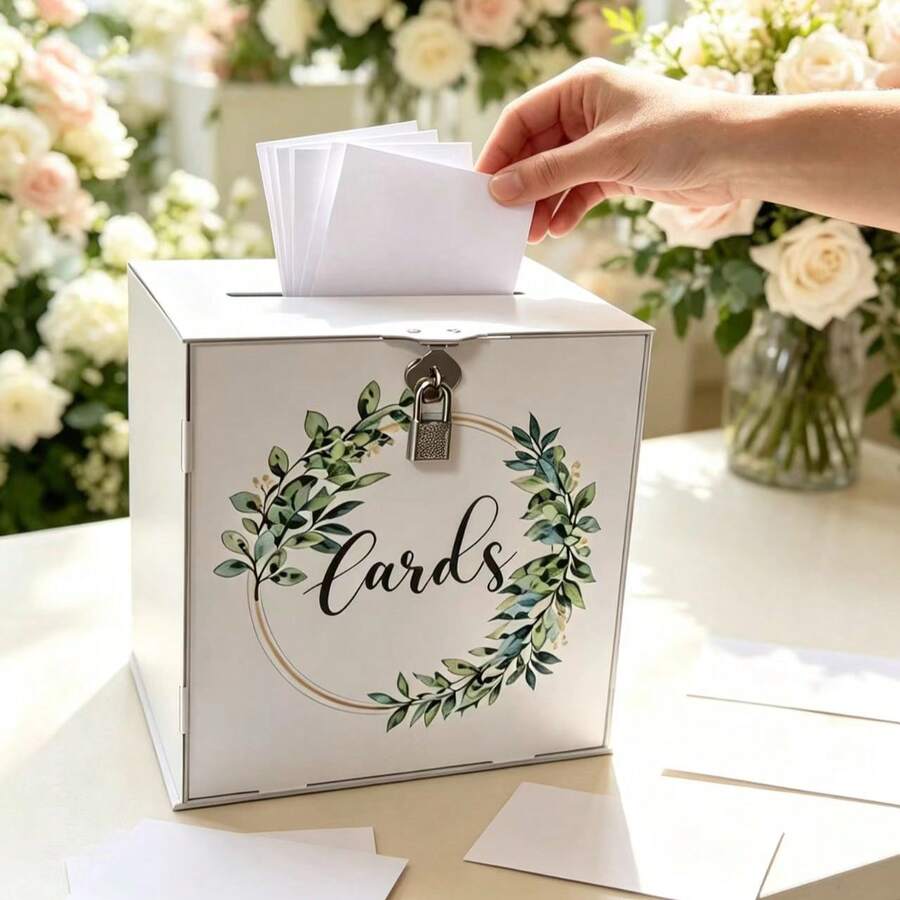 Wedding Card Box White Acrylic With Lock, Wedding Guest Sign-In Box, Mori Style Guest Greeting Card Storage Box - 1PC - View 1