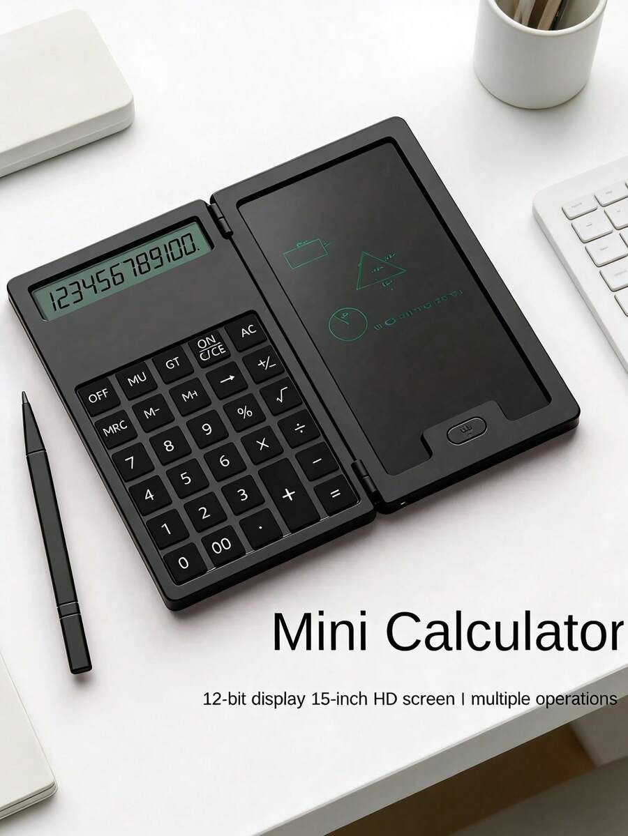 2-In-1 Multifunctional Calculator With Reusable Erasable Writing Pad 12-Digit LCD Display Portable Desk & Pocket Notepad Calculator Office School Business Stationery Supplies For Students Workers - A - View 1