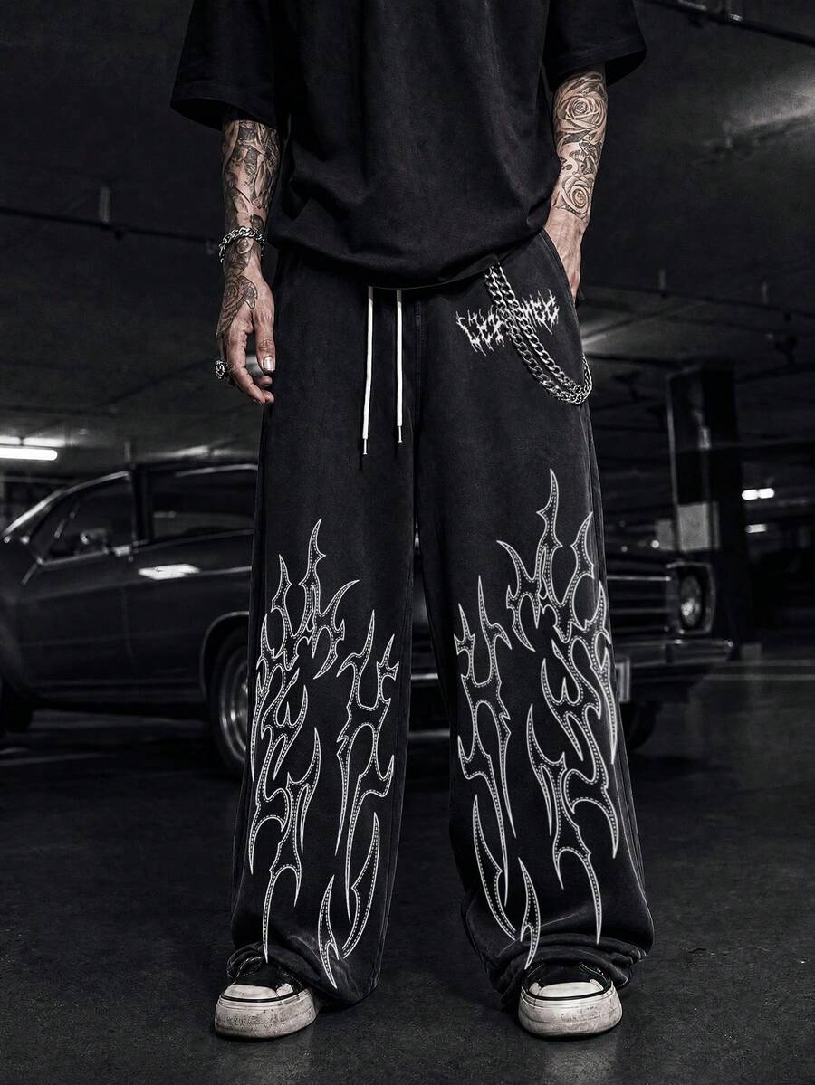 Men's High Street Vintage Distressed Black With White Thorn Flame Pattern Chest Metal Lettering Drawstring Wide Leg Sweatpants - Black - View 1