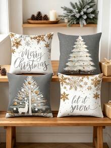 Christmas Decorative Pillow Covers (4pcs/1pc), Grey And White Background With Christmas Tree, Reindeer And Gold Snowflake Pattern, Suitable For Sofa Or Bedroom, Size 18x18 Inches, Made Of Soft, Durable And Fade-Resistant Fabric, Machine Washable (Pillow Insert Not Included) - Multicolor - View 5