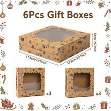 6 Pack Christmas Kraft Gift Boxes With Scalloped Clear Window, Vintage Xmas Pattern Printed Holiday Favor Boxes, Sturdy Decorative Paper Gift Containers, Perfect For Christmas Presents & Holiday Party Favors - Multicolor - View 10