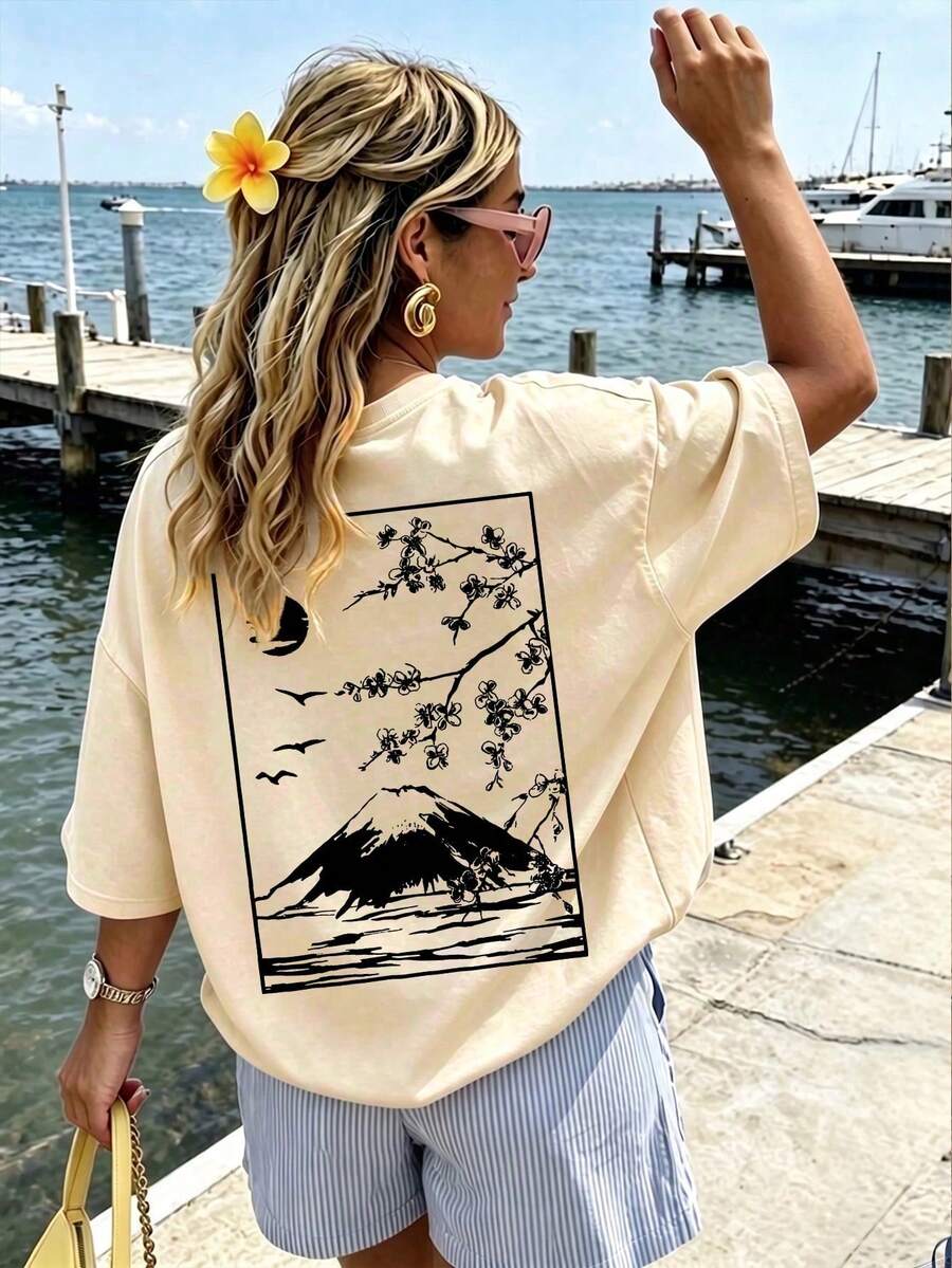 夏季新款简约时尚山花樱花印花圆领短袖T恤,百搭休闲女装 - 杏色 - 查看 1