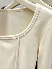 Women's Square Neck Apricot Long Sleeve T-Shirt, Ribbed Dralon Base Layer Top, Autumn/Winter Thermal Lined Thickened Innerwear, Fishbone Stitch - Apricot - View 8