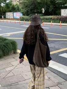 開學季韓系Ins風休閒百搭單肩托特包，慵懶隨性，適合早通勤、旅行、日常購物，大容量腋下包 - 摩卡棕 - 查看 2