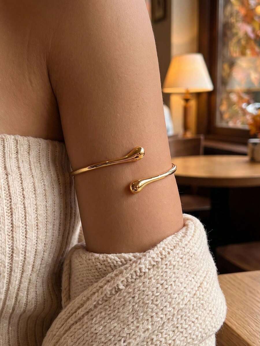 1pc Sculptural Gold Open Teardrop Eye-Catching Wrap Bracelet, High Polished Shiny Finish, Adjustable Stackable, Christmas Halloween Party Holiday Gift - Gold - View 1