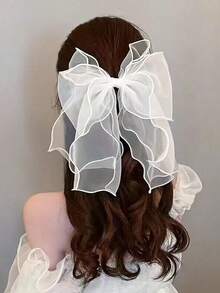 White Organza Bow Hair Clip For Women,Large Oversized Tulle Bow Barrette,Ruffled Edge Mesh Hair Bow For Wedding Party Prom,Elegant Hair Accessories - White - View 3