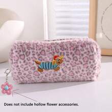 Plush Leopard Print Pencil Case, Cute Dachshund Embroidery Large Capacity Pencil Pouch With Flower Charm, Portable Cosmetic Storage Bag, Suitable For Office And School Supplies - Single Piece - View 12