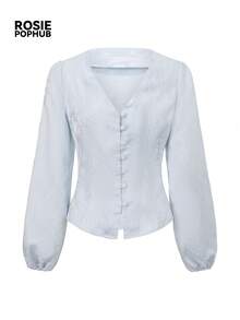 ROSIE POPHUB Women's Light Blue Jacquard V Neck Blouse, New Chinese Style Puff Long Sleeve Button Front Elegant Commute Top For Daily, Fall & Winter - Baby Blue - View 8