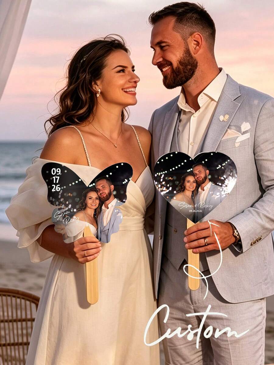 Customized Wedding Photo Hand Fan, Personalized Photo, Heart And Butterfly Pattern Handle Fan, Suitable For Engagement, Bridal Shower, Anniversary And Photo Booth Props; Also Can Be Used As Outdoor Ceremony Decoration Paper Fan Or Party Favor. - Multicolor - View 1