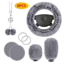 8PCS Winter Plush Car Steering Wheel Cover, Comfortable & Warm, Bling Bling Style Plush Pendant, Gear Shift Cover Protective Sleeve, Cup Holder Mat Combination, Multiple Colors Available - Multicolor - View 12