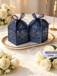 1/3/10/50pcs Laser Cut Gift Boxes With Ribbon And Tag, Wedding Favor Boxes, Party, Baby Shower, Bridal Shower Small Gift Packaging Boxes, Wedding Supplies, Guest Favors, Wedding Reception Decor (Deep Blue) - Navy Blue - View 6