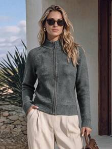 NiceArt Women's Autumn/Winter Vintage Dark Gray Wool Blend Ribbed Knit Zip-Up Cardigan, Stand Collar Raglan Long Sleeve, Autumn Outfit, Halloween - Grey - View 1