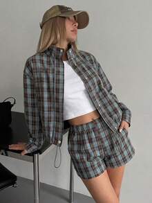 Women's Plaid 2 Pieces Casual Set, High Neck Long Sleeve Jacket With Elastic Waist Shorts (YY1539) Elegant Fall - Brown - View 1