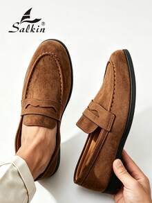 Salkin 經典設計男士便幣樂福鞋 一腳蹬 素色柔軟麂皮休閒鞋 舒適透氣 防滑耐磨底 優雅紳士社交鞋 日常穿著 學生畢業典禮 學院風商務正裝鞋 男士辦公室派對宴會 春夏秋款男鞋 - 摩卡棕 - 查看 11