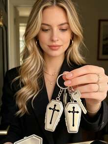 Black Cross Pattern Portable Jewelry Storage Box Keychain Pendant, Mini Jewelry Box, Accessory Organizer, Small Item Storage Bag With Multiple Functions, Suitable For Organizing Rings, Necklaces, Earrings And Other Small Items, Ideal For Daily Commute, Short Trips, Shopping, Parties, Unisex Accessories, Halloween And Christmas Gifts - Multicolor - View 3