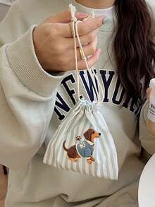 Cute Dachshund Printed Multi-Color Vertical Stripe Drawstring Coin Purse, Mini Travel Makeup Storage Bag, Jewelry Storage Bag, Coin Purse, Lightweight And Portable Drawstring Small Bag, Suitable For Daily Use, Vacation Travel, Gift Bags - Multicolor - View 13