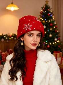 1pc Women's Autumn/Winter 2026 New Snowflake Rhinestone Knitted Beanie Hat, Classic Minimalist Versatile Warm Headwear - Multicolor - View 12