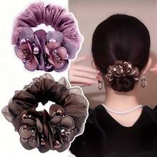 1pc Women's Mesh Flower Decor Hair Scrunchie With Faux Pearl Embellishment, Ponytail Bun Hair Tie - Multicolor - View 4