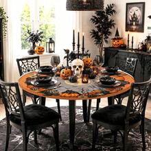 1pc Halloween Pattern Printed Round Tablecloth, Daily Tablecloth, Table Cover With Elastic Edge, Soft Wrinkle-Resistant, Waterproof Oil-Resistant Scratch-Resistant, Suitable For Round Dining Table, Outdoor Restaurant Decoration And Outdoor Party, Kitchen, Baking, Outdoor Decor, Outdoor Patio, Breakfast, Brunch And Party Decoration - Multicolor - View 4