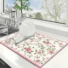 1pc Extra Large Draining Mat, Pink Rose Print, Bar Countertop Waterproof Mat, Drying Mat, Drainage Mat, Coffee Machine Mat, Coffee Cup | Tableware Draining, Absorbent Quick-Drying Draining, Washable And Reusable, Suitable For Kitchen | Cafe, Tea Cup, Coffee Cup, Coffee Machine Accessories, Home Decor For Coffee Lovers, Rental Home Renovation - Multicolor - View 2