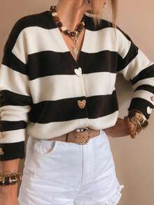 SEREN Fashion Women's Colorblock Striped V-Neck Long Sleeve Knit Cardigan, Heart-Shaped Button Design, Suitable For Autumn/Winter Wear - Dark Coffee - View 2