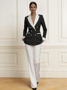 Spring/Autumn Urban Elegant Women's Striped Color-Block Patchwork Long Sleeve Jacket With Pockets And Lining And Solid Color Long Pants Casual Daily Suit Set, Suitable For Work Commute, Office, Party, Daily, Holiday, Multiple Occasions - Black and White - View 2