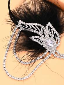 1pc Vintage Rhinestone Feather Headpiece, Women's Tassel Forehead Chain Hair Accessory For Banquet, Wedding, Ball, Party Styling - Feather - View 5