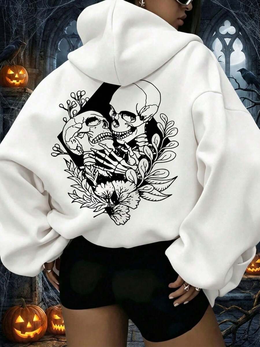 Women's Drawstring Hooded Sweatshirt, Loose Fit Comfortable Fabric Versatile Casual Daily Outdoor Top - White - View 1