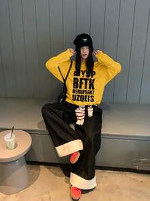 Japanese Streetwear Women's Crew Neck Sweatshirt, Minimalist Letter Print, Autumn Lazy Loose Versatile Top - Yellow - View 3