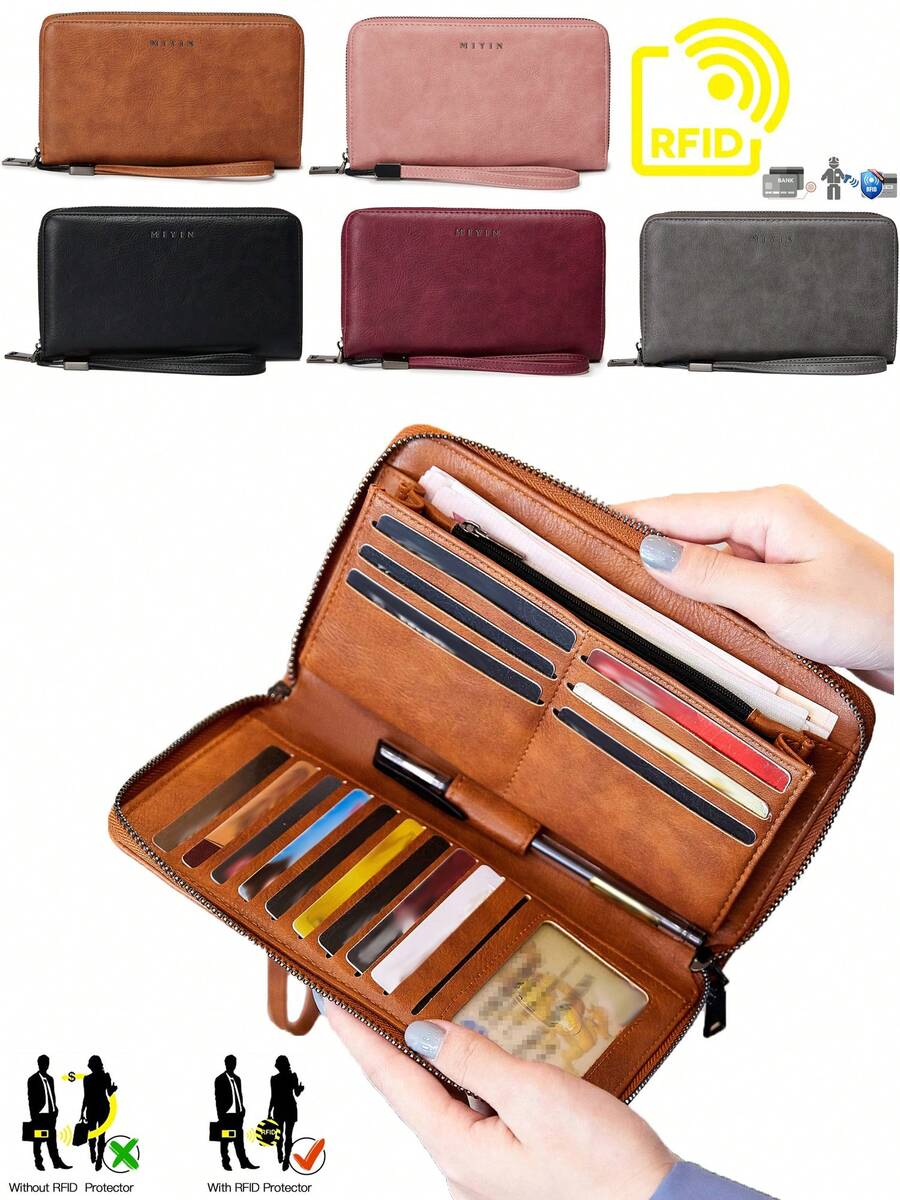 FOREVER MIYIN Women's RFID Blocking Zip Around Long Wallet, Vintage Purse With Wrist Strap And Pen Slot, ID Window, Coin Pocket, Multi Card Slots For Daily Use