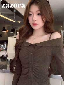 Atasan Lengan Panjang Model Korea dengan Bahu Terbuka dan Detail Kerut untuk Wanita, Hem Bergelombang, Potongan Ramping, dan Lapisan Dalam Seksi untuk Musim Gugur. - Coklat - View 6