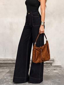 Women's Fashion Relaxed Fit Commute Dark High Waist Big Pocket Straight Leg Jeans, Loose Fit Workplace Afternoon Tea Outfit, Daily Bottoms - Black - View 5