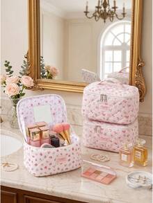 1Pc Ditsy Floral Quilted Makeup Bag With Built-In Mirror Portable Handle Large Capacity Travel Cosmetic Organizer Skincare Wash Bag For Women Daily T - Multicolor - View 2