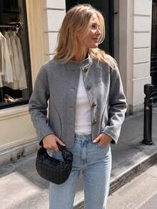 Women's Chic Gray Stand Collar Button Detail Long Sleeve Regular Fit Coat For Home, Office, Vacation, Holiday, Spring Fall Winter - Grey - View 3