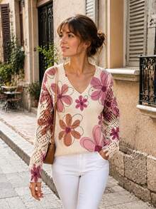 Elegant Floral Print V-Neck Long Sleeve Sweater, Versatile For Spring, Summer, Autumn, Winter, Bohemian Style, Travel Fall - Purple - View 3