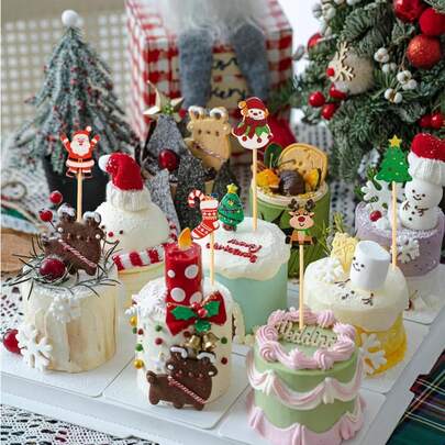 200/100/50/20/10/1pc Christmas Theme Decorative Fruit Picks, Cute Santa Claus, Snowman, Reindeer, Christmas Tree Shapes, Party Table Platter Decoration, Suitable For Fruit, Bread, Dessert, Snacks, Christmas Party, Family Gathering, Holiday Banquet Atmosphere Decorative Bamboo Picks For Home Use