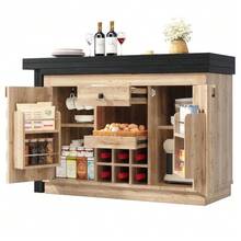 360° Rotating Kitchen Island And Sideboard 120–197 Cm With Patchwork Doors, Removable Wine Rack And Drawers, 2 Colors (Light Oak / Black) - Natural Color - View 7