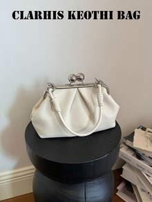 Handheld Pleated Bag With Round Metal Buckle Decoration, Dual-Use Handheld And Crossbody, Metal Clasp Closure, Vintage Gentle Style, Metal Clasp Underarm Bag, Suitable For Women's Daily Dates And Outings, Compact And Exquisite, Combines Aesthetics And Storage, Matches Various Outfit Styles - Beige - View 10