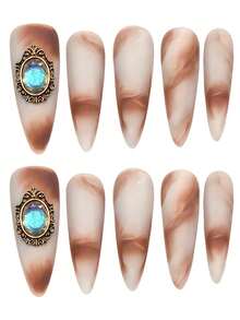 YADORNOS 10pcs Long Pointed Handmade Press-On Nails, Dark Brown & Silver Cat Eye Glitter French Tip False Nails, Embedded 3D Rhinestones, Shiny Style Suitable For Autumn/Winter Party Date Daily Wear, Includes Jelly Glue And Nail File, DIY Manicure Supplies - Brown - View 5