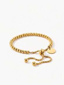 Vandermere 1pc Simple & Fashionable Stainless Steel Plated Round Pendant Adjustable Beaded Bracelet For Engraving - Gold - View 5