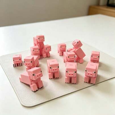Minecraft 1pc Mini Movable Joint Collectible, Pixel Style Pink Building Block Shaped Posable Desktop Decoration, Birthday Party, Game Theme Party Home Display Holiday Gift