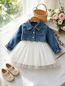 Baby Girl Spring/Autumn Washed Denim Jacket & Waffle Mesh Skirt 2 Pieces Set, Fluffy Soft, Lightweight & Flowy, Fashionable Style, Suitable For Daily Outings, Park Photos, Family Gatherings - White - View 2