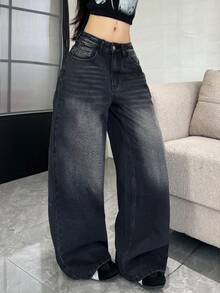 1pc Women's Fashionable Casual Loose Fit Embroidered Multi-Pocket Black Denim Wide Leg Jeans, Versatile For All Seasons (Belt/Accessories Not Included) - Black - View 6