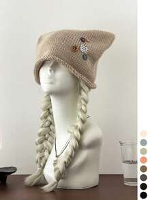 Wool-Blend 2-In-1 Soft Cute Cat-Ear Button Slouchy Beanie Hat For Women Fall Winter Warm Cold Hat - Rolled Edge Button Pin Stackable - View 7